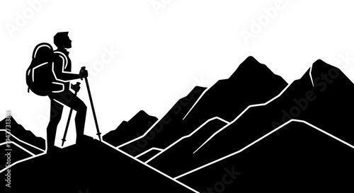 Silhouette of a hiker with a backpack and trekking poles standing on a mountain peak, looking out at a range of mountains.