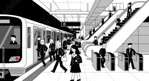 A busy subway station with a train arriving and people using escalators and ticket gates.