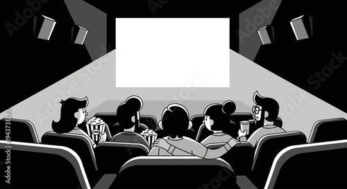 A group of people sitting in a dark movie theater, watching a blank screen with speakers on the walls.