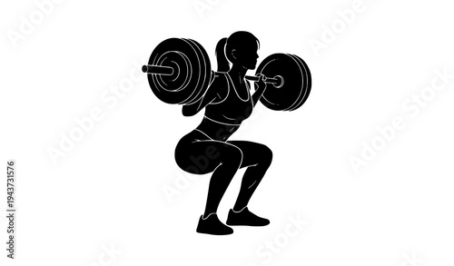 Fitness Woman Doing Barbell Squat Exercise Black Silhouette Vector Illustration