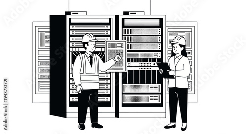 Two IT professionals in hard hats and safety vests inspecting server racks in a data center, performing maintenance and system checks.