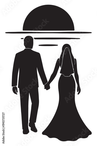 Couple holding hands beneath a large celestial body during a sunset or sunrise.