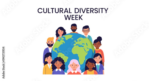 People of different cultures standing around the Earth, celebrating global cultural diversity week with a multicultural community concept.