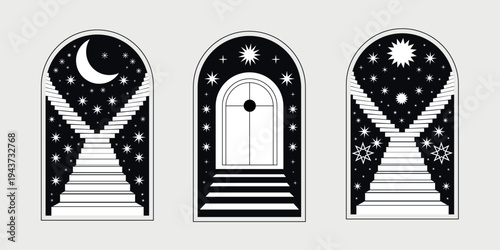 Set of black and white mystical boho archways with stairs and celestial night sky,Minimalist esoteric portal vector illustration