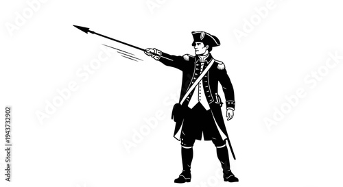 Revolutionary War Soldier Aiming Musket, Historical Military Man in Uniform