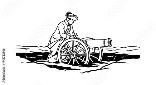 Revolutionary War Soldier Loading Cannon in Black and White