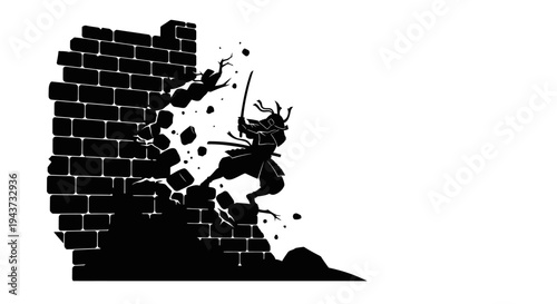 Samurai Warrior Breaks Through Brick Wall in Dynamic Silhouette Action