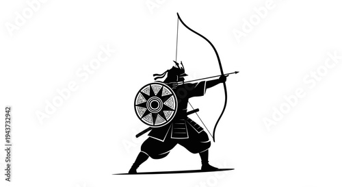 Samurai Archer Silhouette: Warrior with Bow and Arrow, Traditional Japanese Warrior