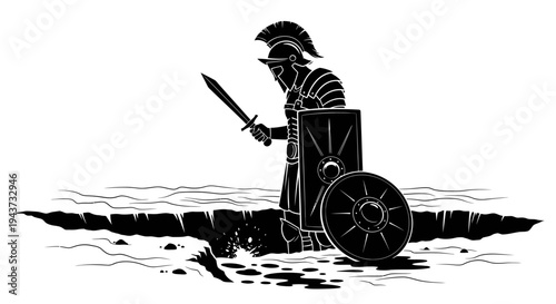 Roman Soldier with Sword and Shield Standing on Cracked Earth