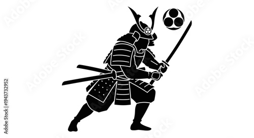 Samurai Warrior Kicking Soccer Ball, Traditional Japanese Armor, Dynamic Action Silhouette