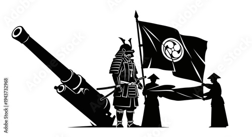 Samurai Warrior with Cannon and Flag: Historical Japanese Military Scene