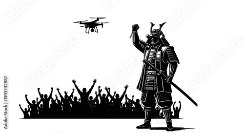 Samurai Warrior with Drone and Cheering Crowd, Futuristic Technology Meets Ancient Tradition