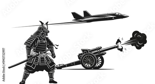 Samurai warrior with cannon firing at jet fighter, historical contrast, ancient vs modern warfare