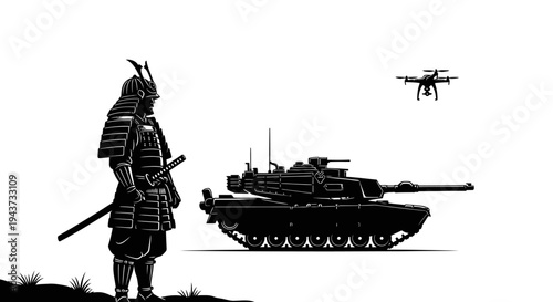 Samurai warrior, modern tank, and drone: ancient vs. modern warfare and technology
