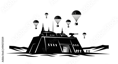 Sci-fi military base with paratroopers dropping supplies from the sky