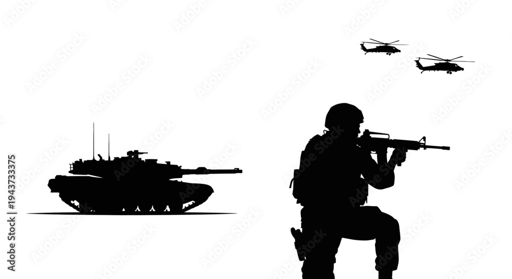 Naklejka premium Silhouette of Military Tank, Soldier with Rifle, and Helicopters in Combat Formation