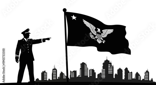 Silhouette of a leader pointing towards a city skyline with a flag waving