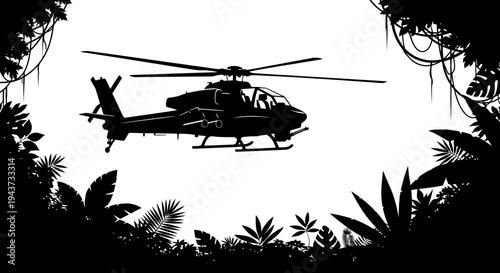 Silhouette of a military helicopter flying over a jungle landscape at night