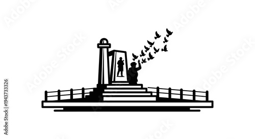 Silhouette of a person releasing birds at a monument, symbolizing freedom and hope.