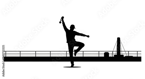 Silhouette of a Sailor Performing a Balancing Act on a Ship Deck