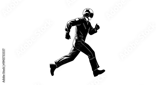 Silhouette of a runner in a racing suit and helmet, dynamic motion, black and white illustration