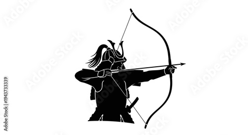 Silhouette of a Samurai Archer in Traditional Armor Drawing a Bow