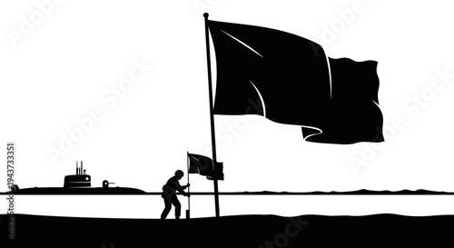 Silhouette of a soldier raising a flag near a submarine on the coast.