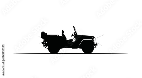 Silhouette of a vintage jeep with headlights on, isolated on white background