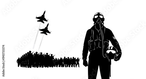 Silhouette of Pilot and Fighter Jets Flying Over Military Formation