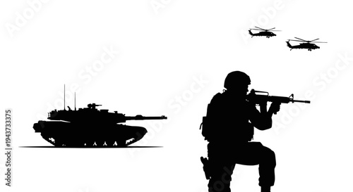 Silhouette of Military Tank, Soldier with Rifle, and Helicopters in Combat Formation