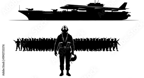 Silhouette of Pilot and Soldiers with Aircraft Carrier, Military Power and Teamwork Concept