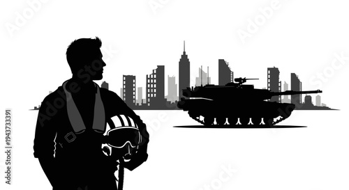 Silhouette of Pilot with Helmet and Tank in Cityscape Background