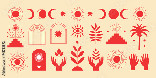 Set of red boho celestial elements featuring sun moon phases and star icons,Mystical minimalist vector logo kit for esoteric branding and astrology design