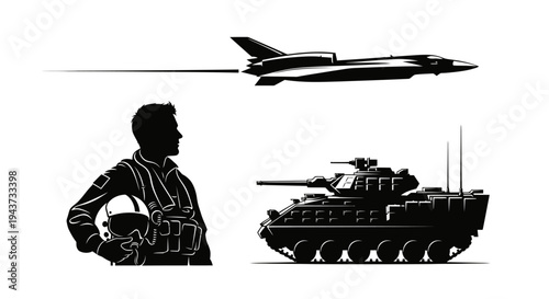 Silhouette of pilot with jet fighter and tank, representing military aviation and ground forces.