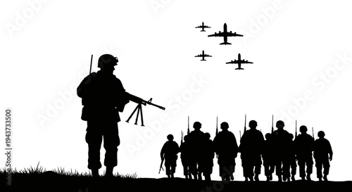 Silhouette of soldiers and military aircraft in formation against a bright sky