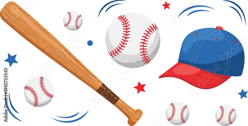 Baseball Sports Equipment Illustration Featuring Wooden Bat, Baseball Balls, and Cap for Team Games, Athletic Training, and Sports Design