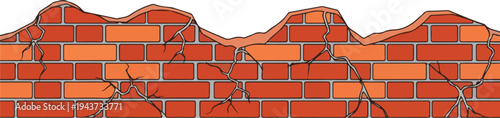 Damaged and Cracked Brick Wall Texture Illustration with Uneven Top Edge