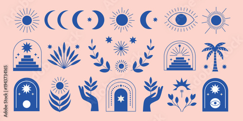 Set of blue mystical boho elements with healing hands sun moon and evil eye,Minimalist esoteric vector icon collection,boho, mystical, esoteric, magic, spiritual