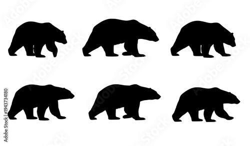 Walking polar bear silhouettes collection arctic wildlife vector icon set