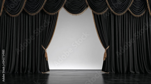Luxurious black velvet stage curtains with gold trim opening to reveal a bright white background and a dark stage floor.