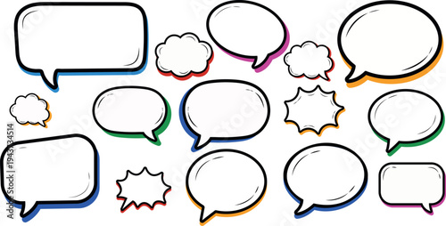 Set of empty comic book speech bubbles with colorful drop shadows and black outlines,Blank pop art chat balloon vector collection for text layout and social media post