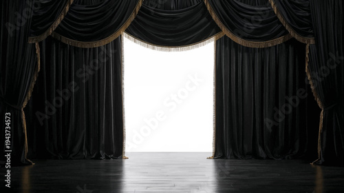 Elegant black velvet stage curtains with gold trim partially open to reveal a bright white background, creating a dramatic theatrical setting.