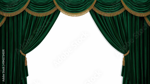 Elegant dark green velvet stage curtains with gold trim tied back to reveal a bright white opening, perfect for a theatrical backdrop.