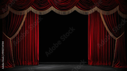 Red velvet stage curtains with gold trim pulled open to reveal a dark, empty stage, ready for a performance or presentation.