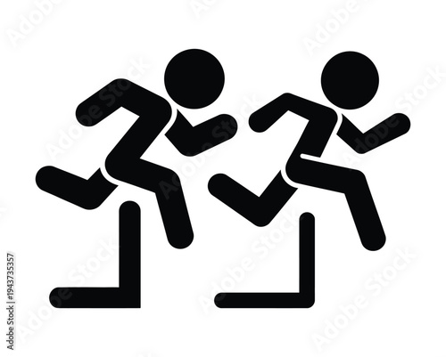 Black and white silhouette of two runners jumping over hurdles in a race running