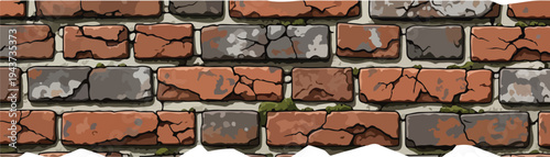 Aged and weathered brick wall texture with moss and cracks, perfect for backgrounds and design elements