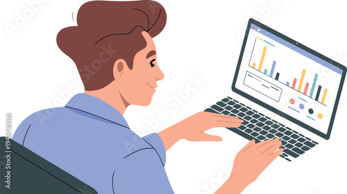 Young businessman analyzing financial charts on laptop market research data statistics professional office work flat vector illustration
