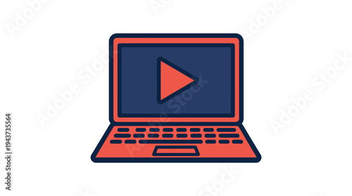 Laptop Computer with Video Play Button Icon Flat Illustration