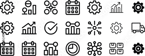 Business and industry icons: gears, charts, calendar, truck, boxes, gear icon, chart icon