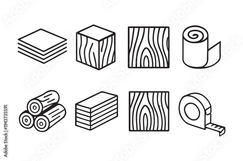 Black and white line art depicting various wood and material forms
